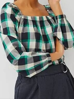 Ann Taylor Green, Black & Beige Plaid Square-Neck Long Puff Sleeve Blouse, Sz:XS